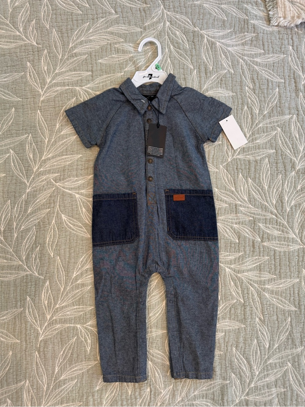7 For All Mankind Short-Sleeve Chambray Jumpsuit with Dark Denim Pockets - Blue